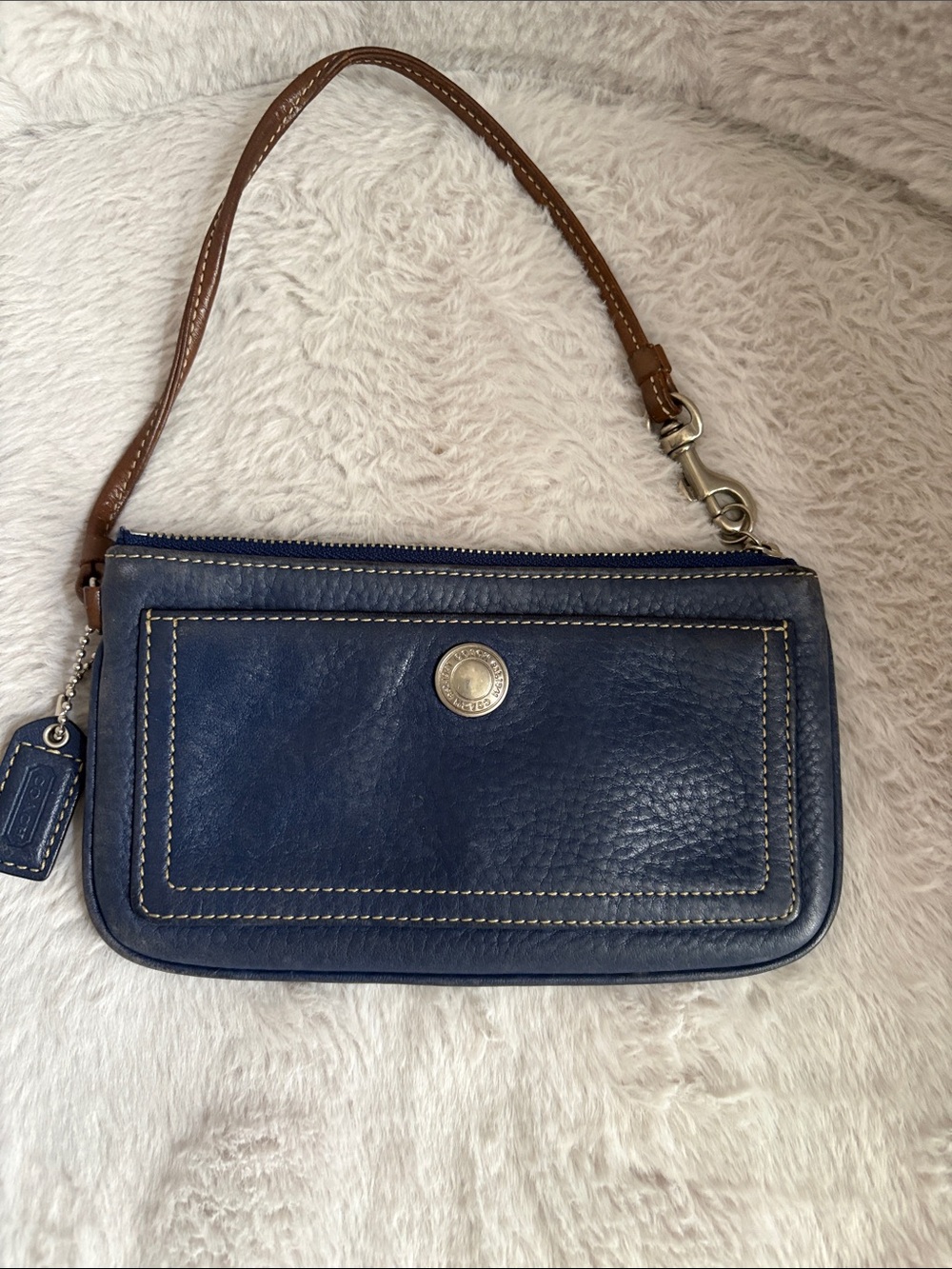 Coach Blue Leather Wristlet with Brown Strap